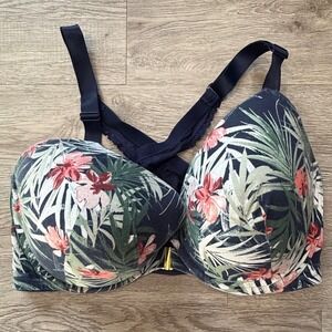 Cacique 42G Boost Plunge Bra Navy Tropical Floral Print Adjustable Straps